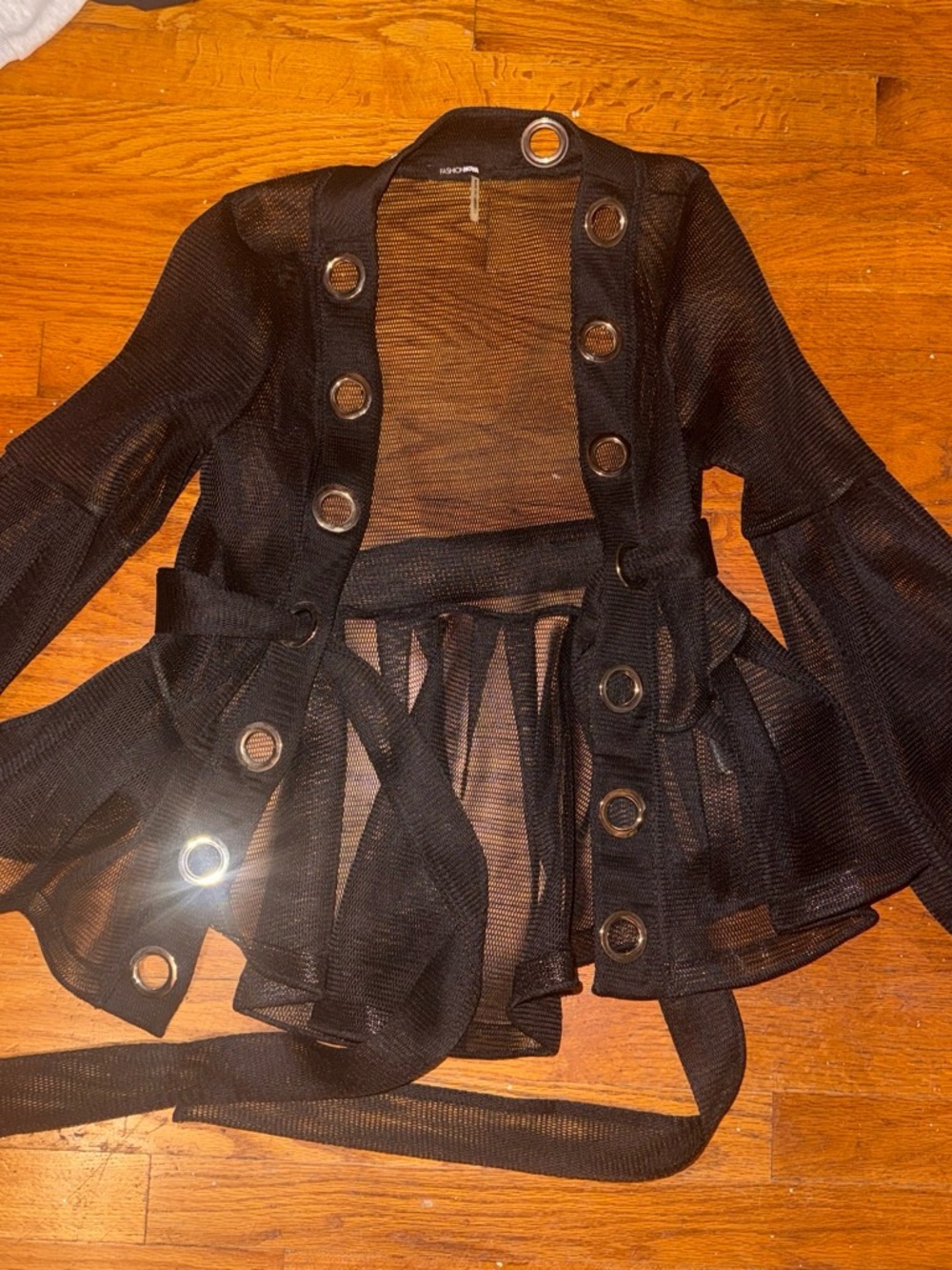 Fashion Nova Black Mesh Grommet Belted Jacket - Black
